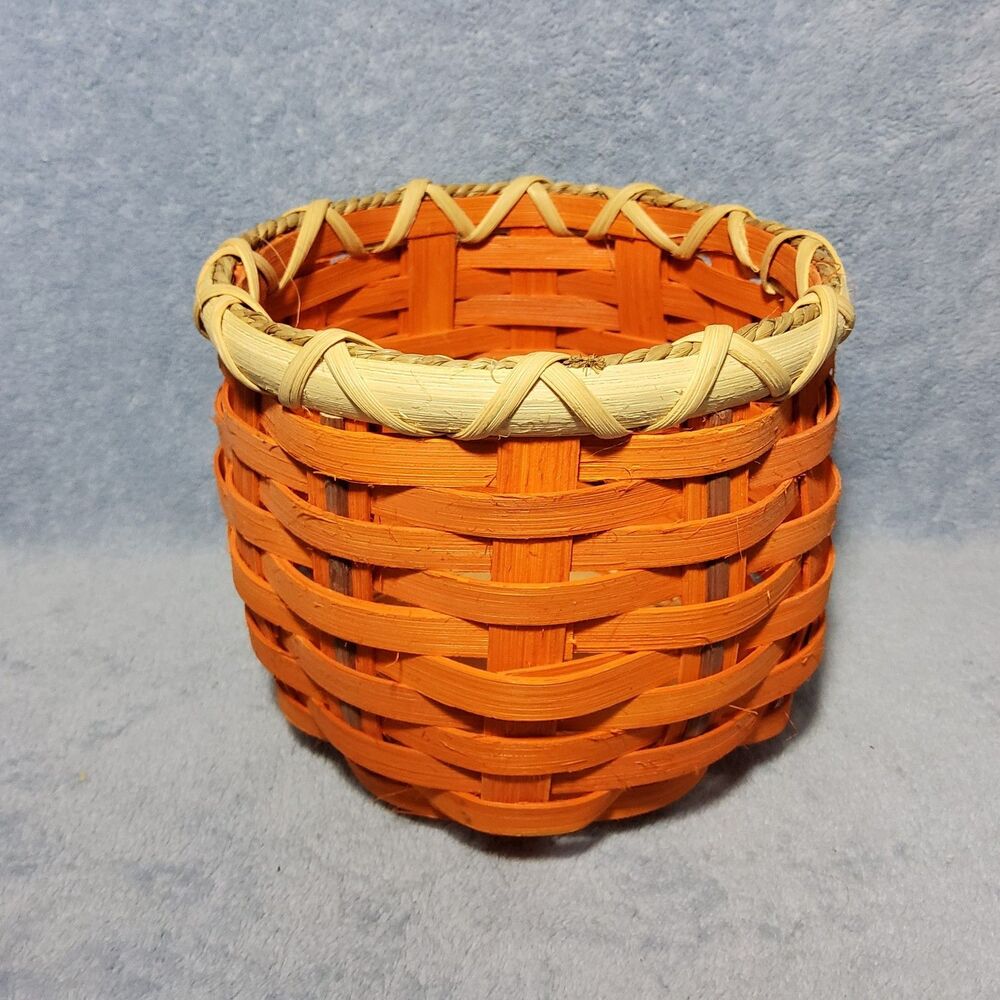 Hand Woven Orange Reed Basket Wooden Base Signed K Conner 2016 Fall Halloween